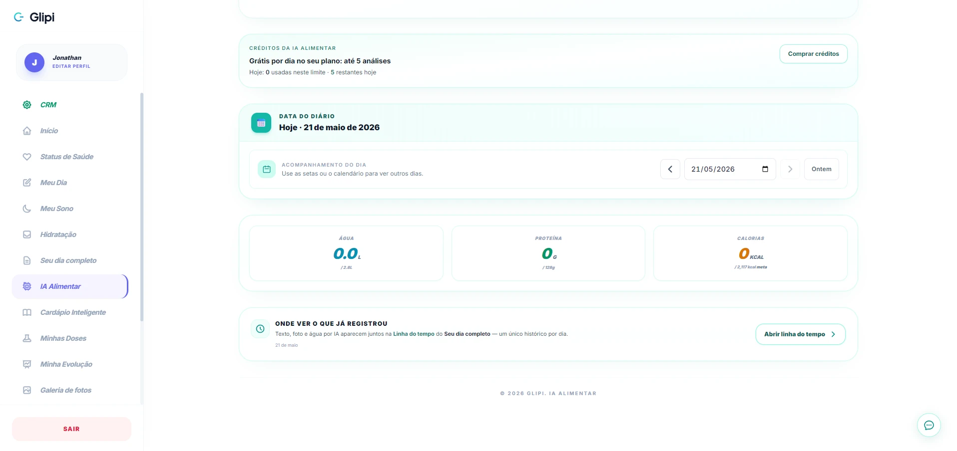 Tela de controle de proteína no app Glipi