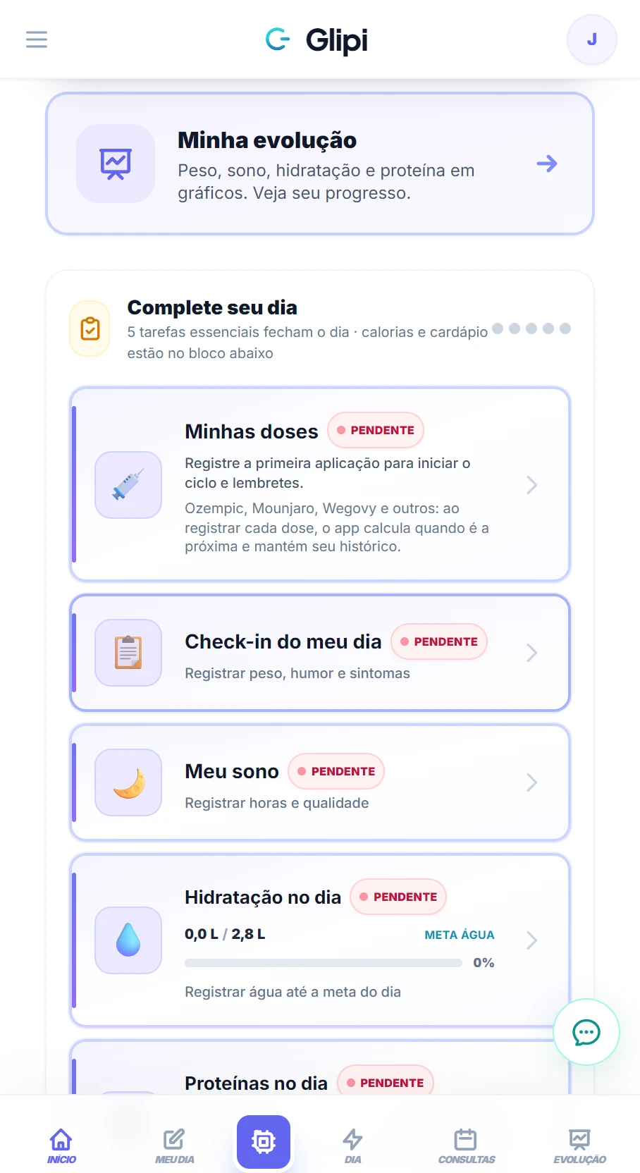 Screenshot do app Glipi — tela de acompanhamento GLP-1