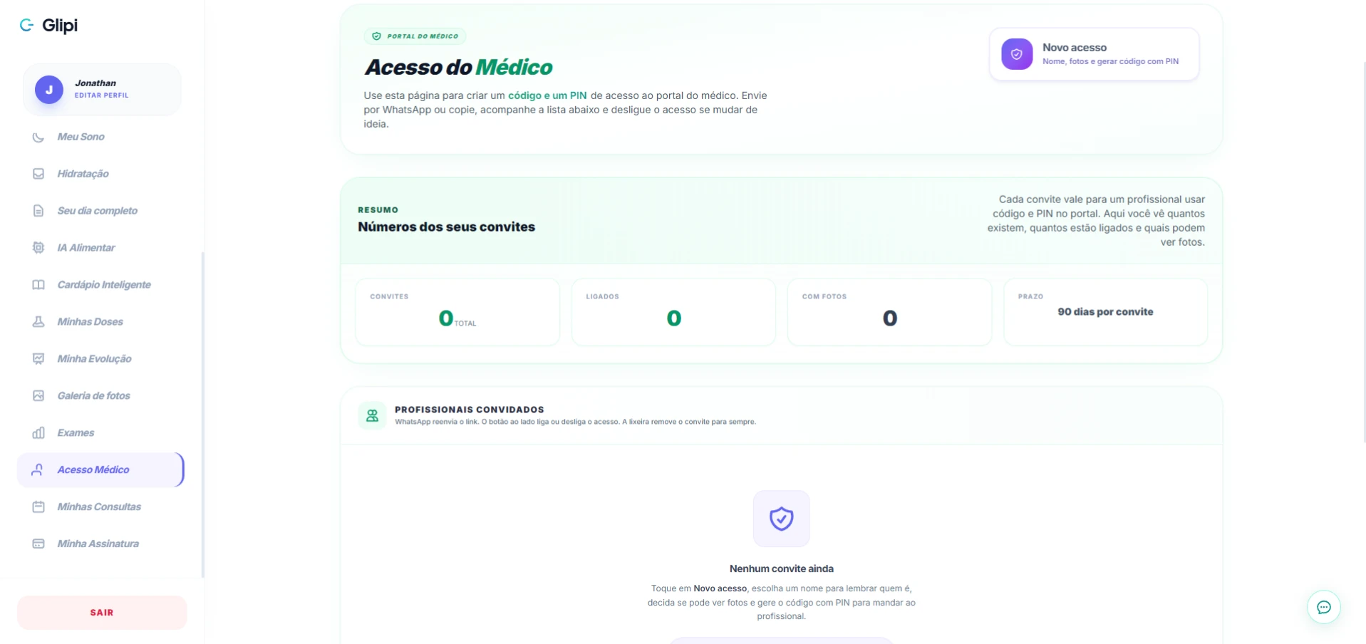 Tela do painel médico integrado no app Glipi