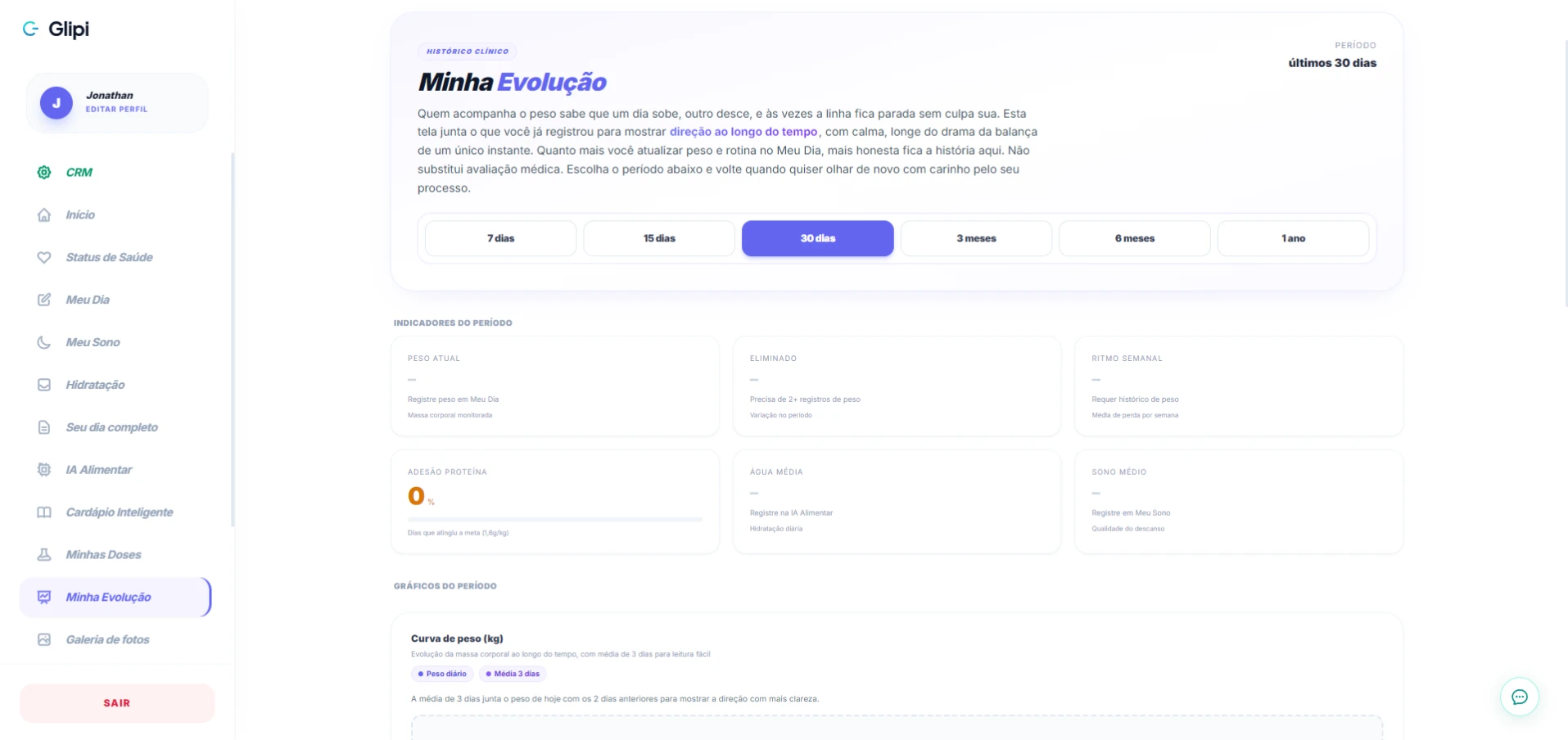 Tela de registro de sintomas e evolução no app Glipi